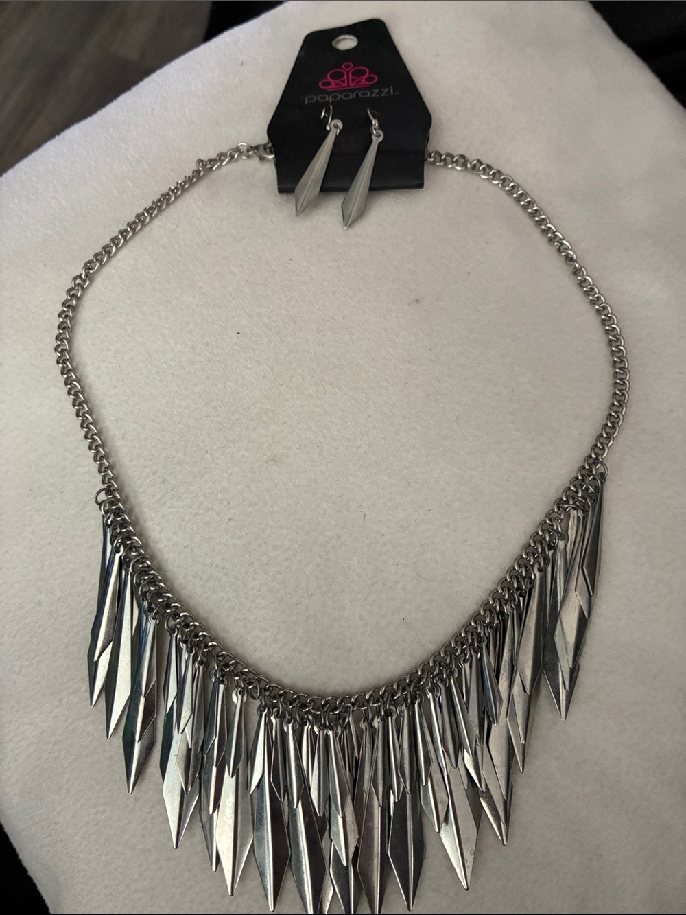 paparazzi Silver Angular Spike Fringe Necklace with Matching Earrings